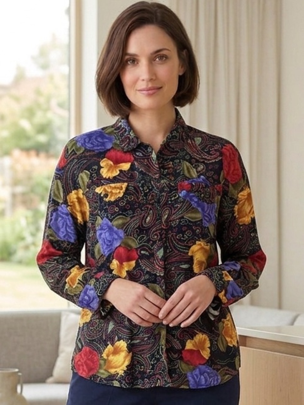 Talyba Womens Floral Paisley Button-Up Shirt in Black Red Yellow Blue Lg